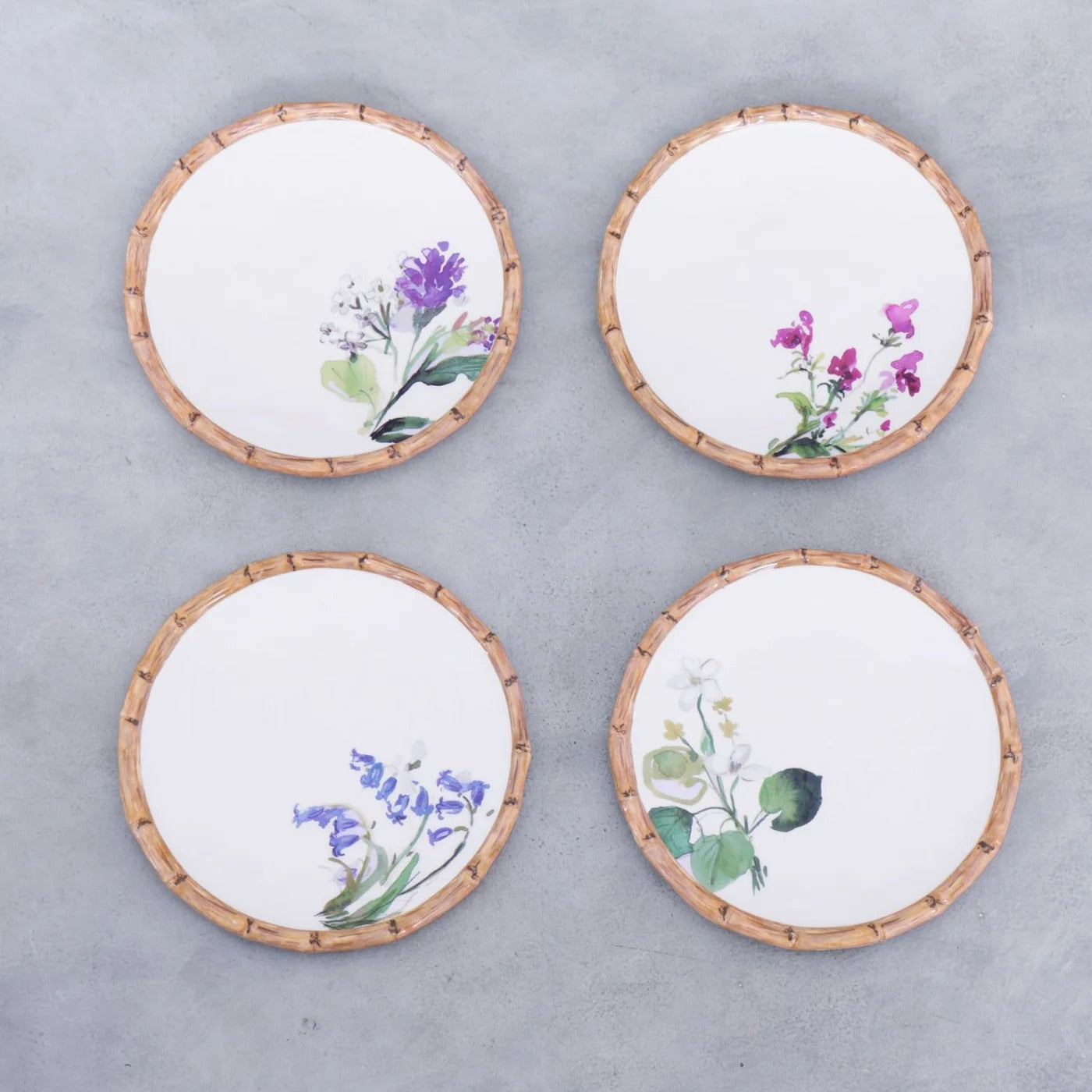 2584_lg FINAL SALE - VIDA Bamboo Floral Salad Plates Set of 4 (White and Multi) - Image 1