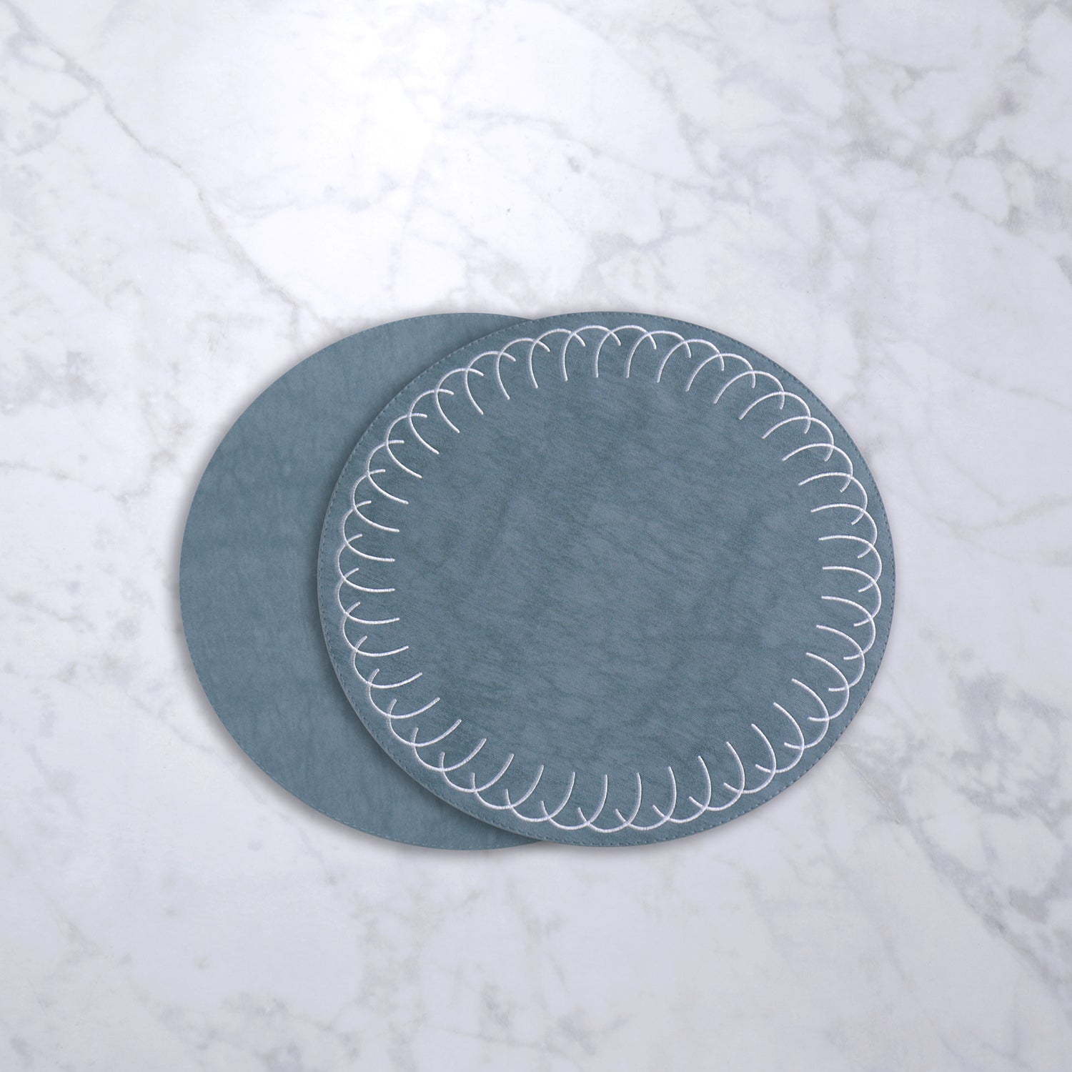 2589 FINAL SALE - VIDA Round Embroidered Swirl 15.5" Round Placemats Set of 4 (Blue) - Image 1