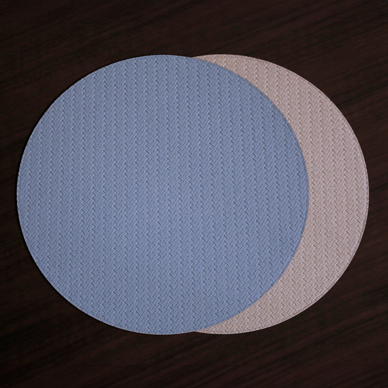 2918_59e1b43b-ab0d-403f-84a7-0f3d7ef5d221 FINAL SALE - VIDA Snakeskin Reversible 15" Round Placemats Set of 4 (Slate Blue and Tan Brown) - Image 1