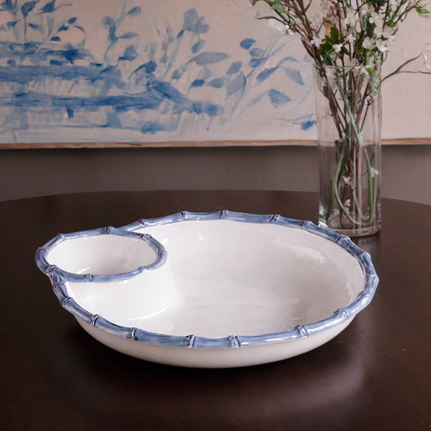 3078 VIDA Bamboo Large Chip and Dip Bowl (White and Blue) - Image 1