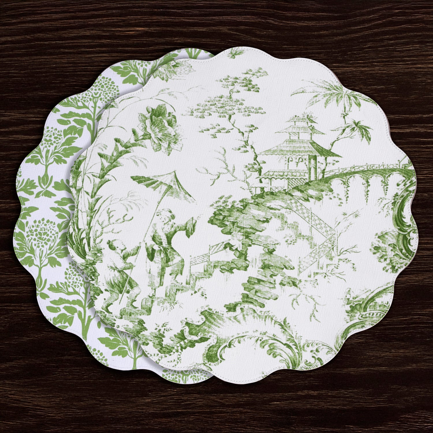 3118_ee400741-b9c8-40c9-befa-227fc6fe0509 VIDA Chinoiserie Reversible Round Placemats Set of 4 Green & White - Image 1