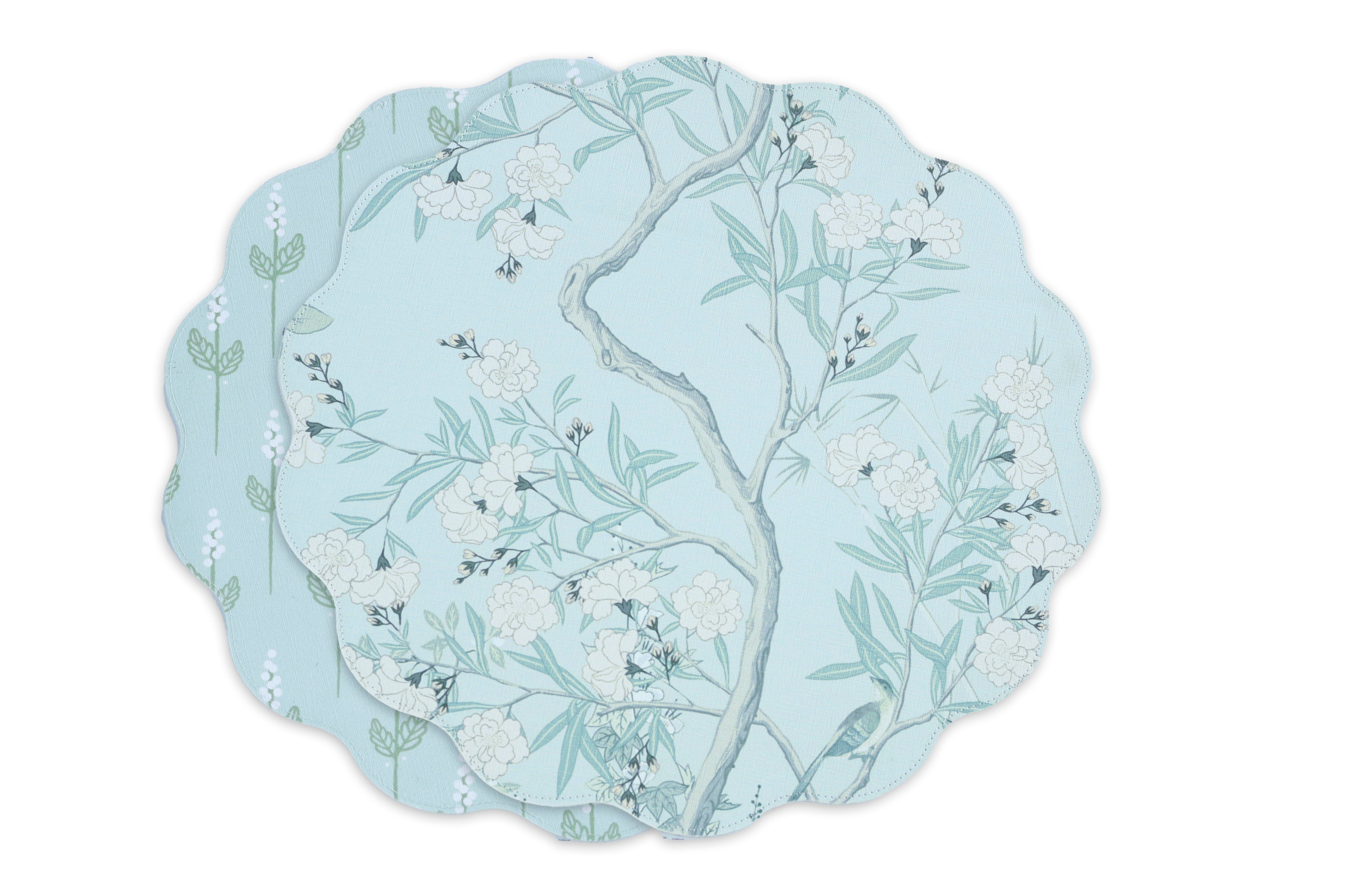 3121_1 VIDA Chinoiserie Reversible Round Placemats Set of 4 Light Teal & White - Image 1