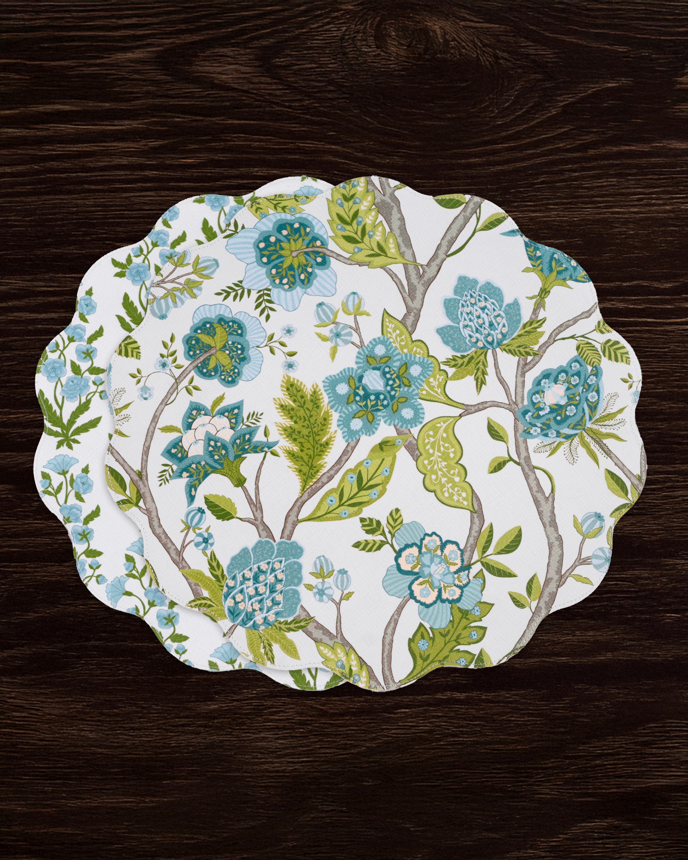 3122_f3d46111-4593-4449-a16a-1d8ced476d93 VIDA Blooms & Branches Reversible Round Placemats Set of 4 Teal & Green - Image 1