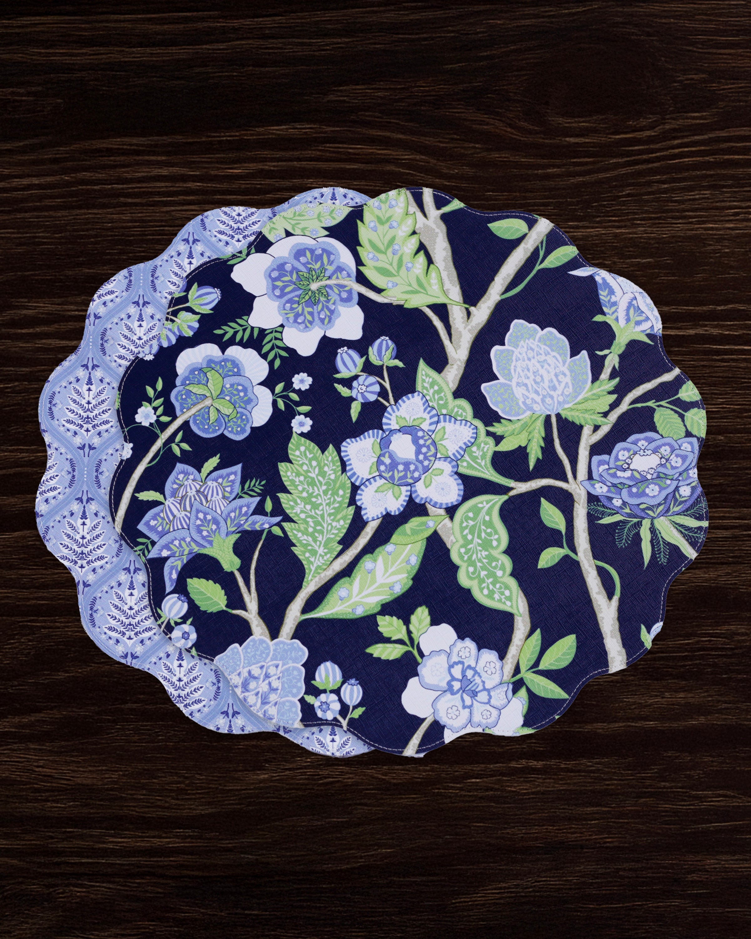3123_1ab087b9-c3af-400a-9670-c5a80a47a9b3 VIDA Blooms & Branches Reversible Round Placemats Set of 4 Navy & Green - Image 1