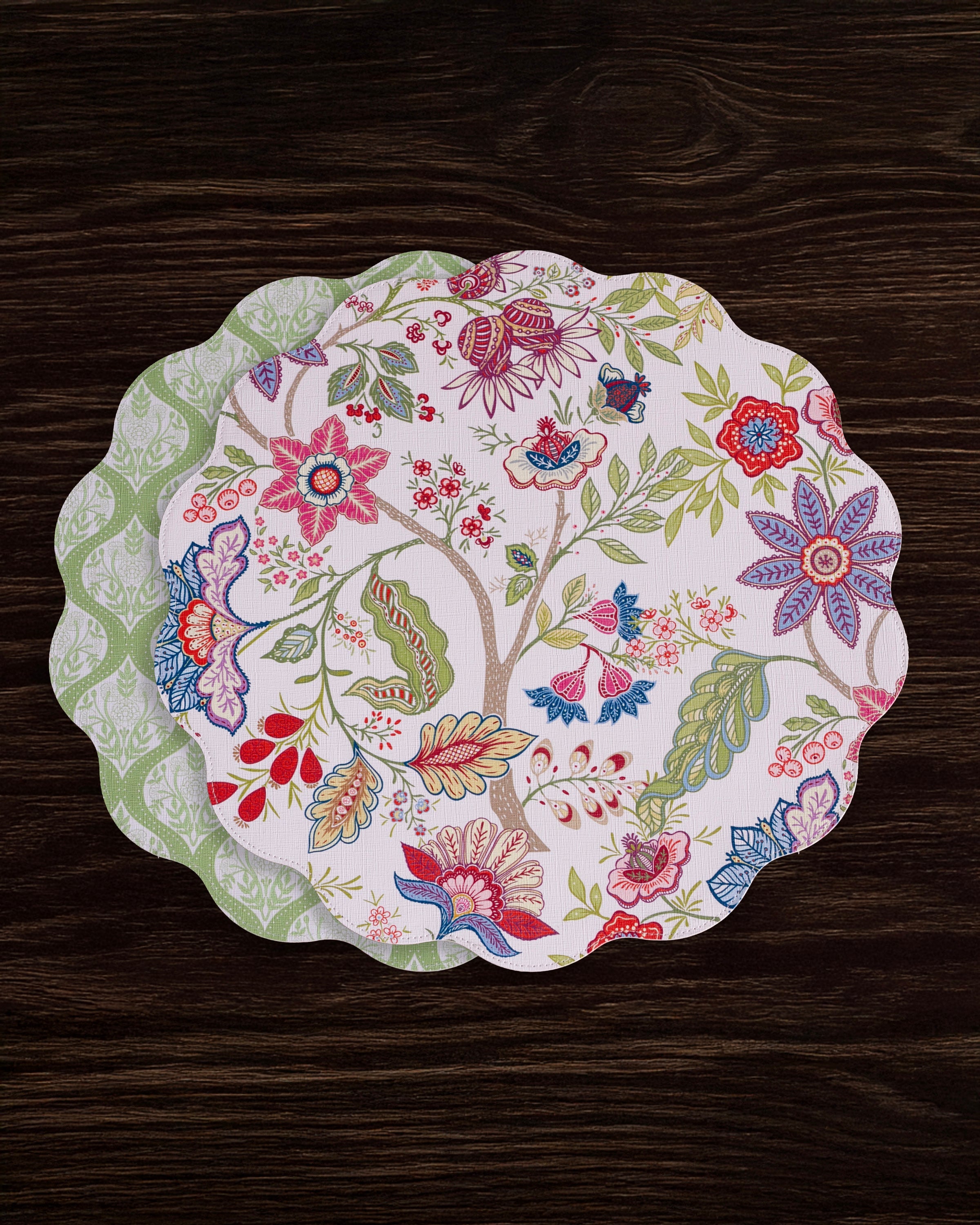 3124_2c7f91fc-e2a1-43c4-bea4-7ffeb21b92ac VIDA Blooms & Branches Reversible Round Placemats Set of 4 Periwinkle & Peach - Image 1