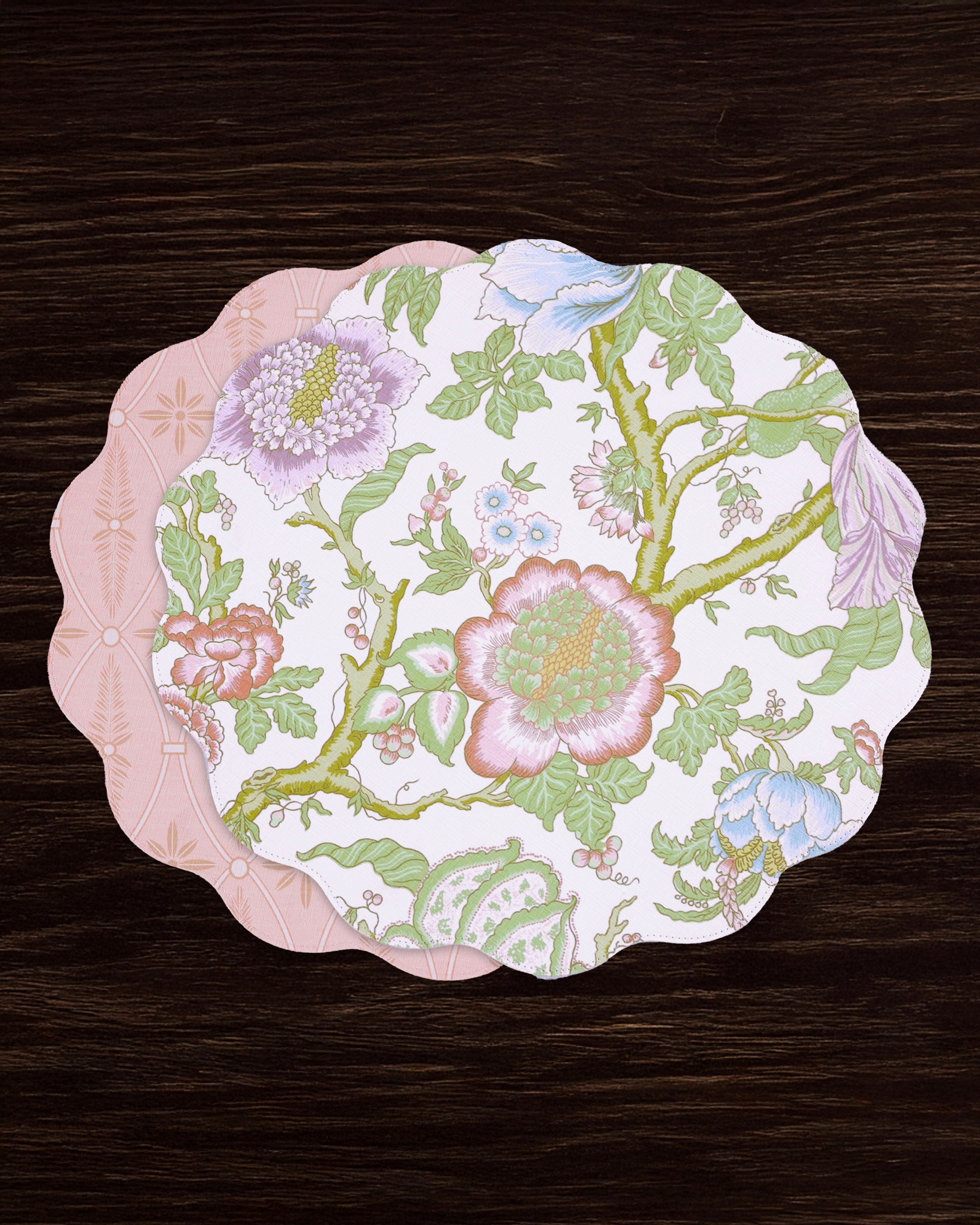3125_4934f733-901c-4a7a-b5b0-59f7a66d85f9 VIDA Blooms & Branches Reversible Round Placemats Set of 4 Pastel Pink & Blue - Image 1