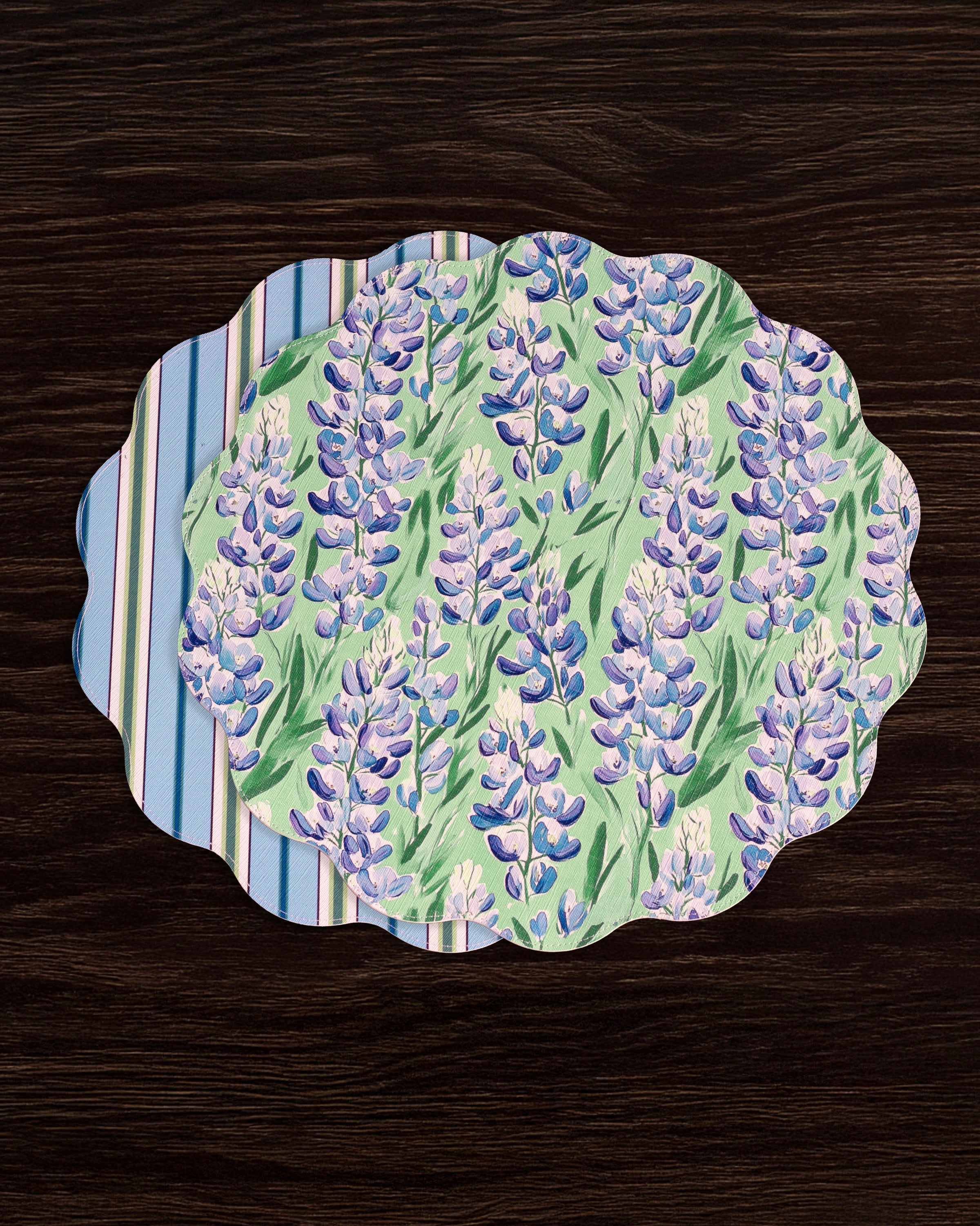 3126_c21b3b4f-6cd4-432f-beb3-b558749dfc8f VIDA Bluebonnet & Stripes Reversible Round Placemats Set of 4 Blue & Green - Image 1