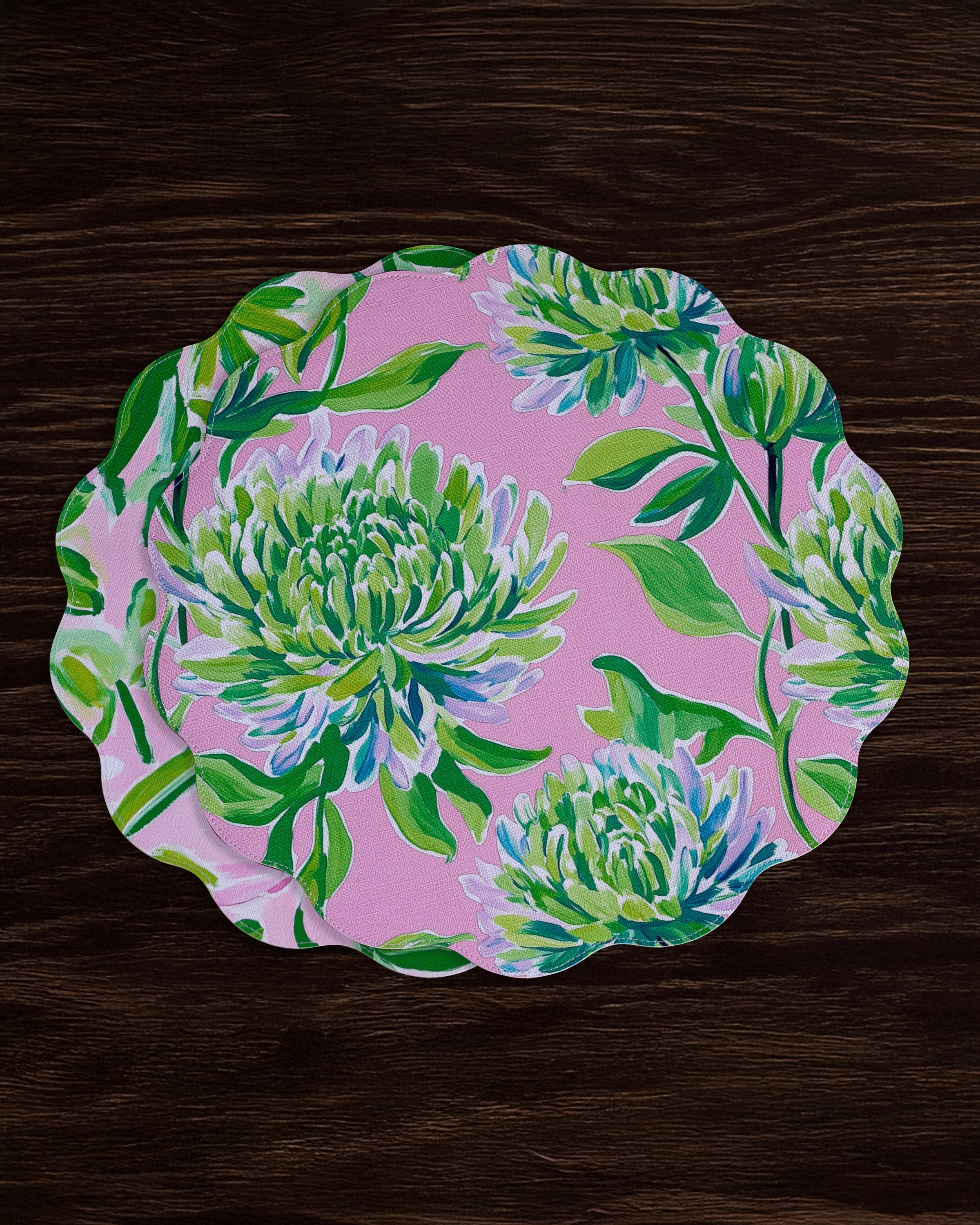 3128_a37db006-37ce-4123-b1ea-82b352c194c7 VIDA Hydrangeas & Daisies Reversible Round Placemats Set of 4 Pink & Green - Image 1