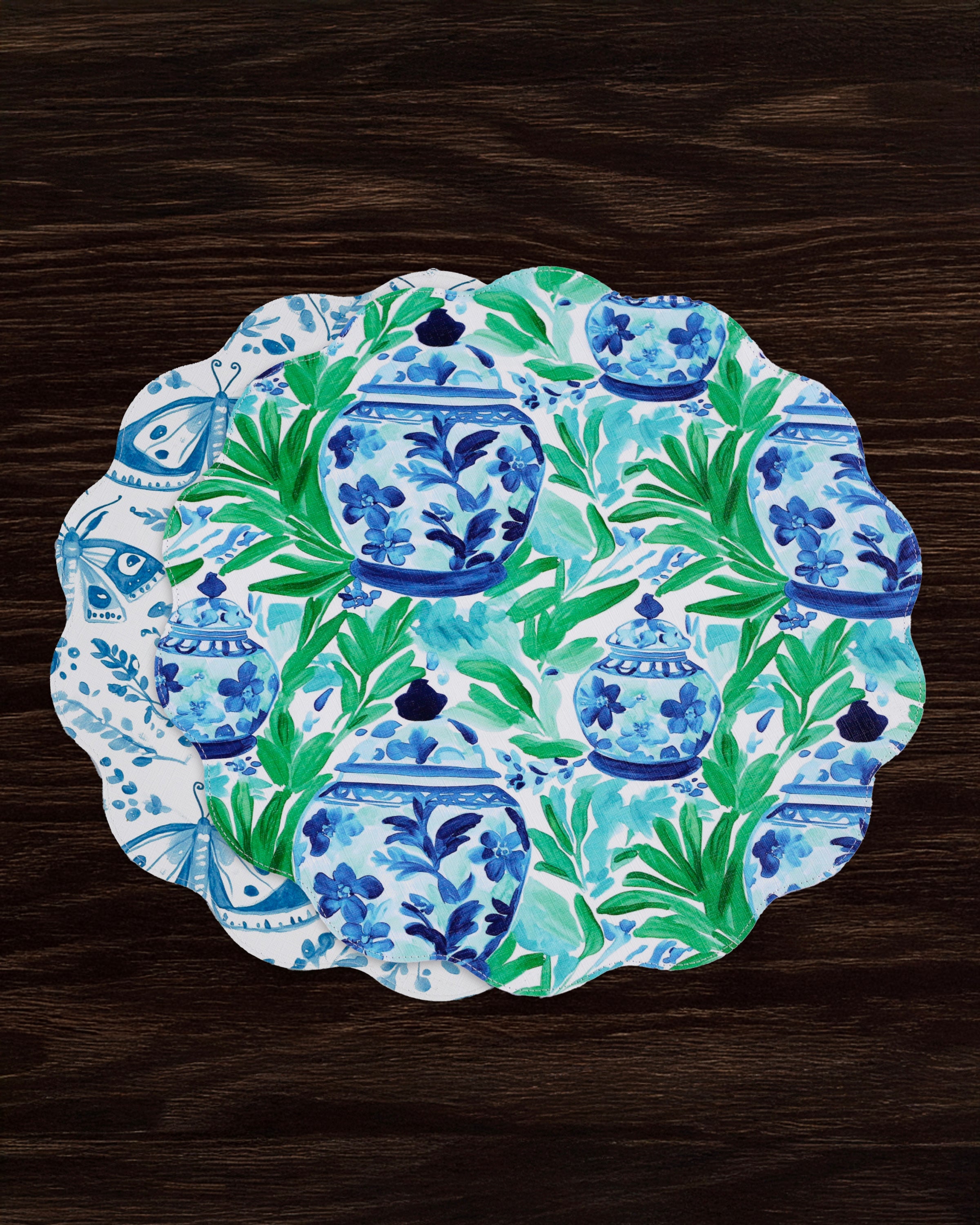 3129_346d32f6-e11e-4b79-80d3-0c1a4aefd933 VIDA Ginger Jar & Butterflies Reversible Round Placemats Set of 4 Blue & Green - Image 1