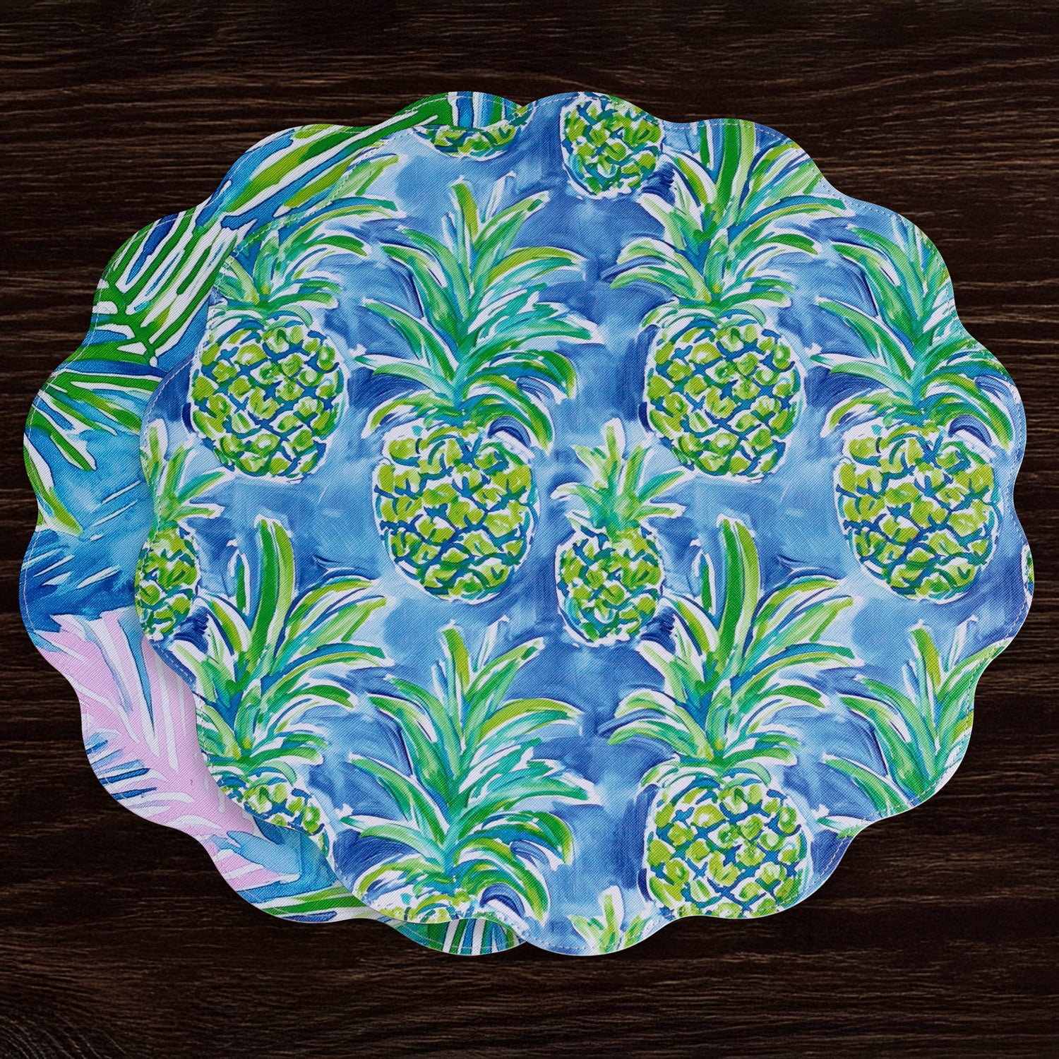 3134 VIDA Pineapples & Palms Reversible Round Placemats Set of 4 (Blue & Green) - Image 1