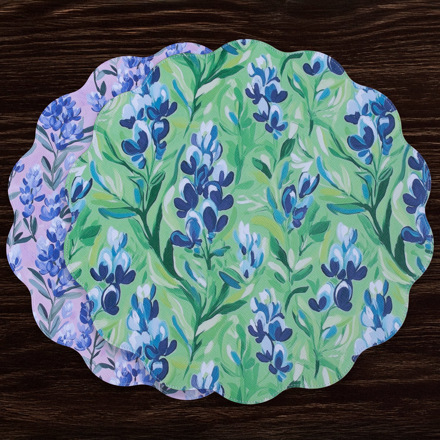 3135 VIDA Bluebells & Flowers Reversible Round Placemats Set of 4 (Pink & Green) - Image 1
