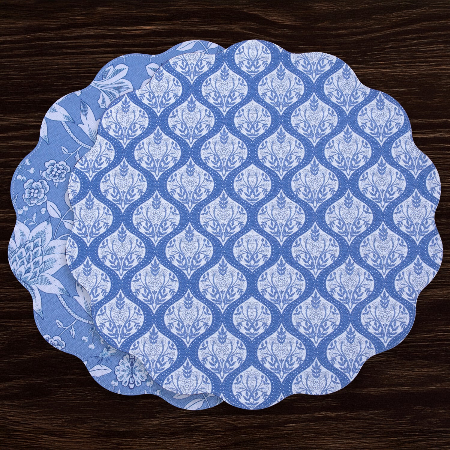 3136 VIDA Flowers & Pattern Reversible Round Placemats Set of 4 (Blue & White) - Image 1