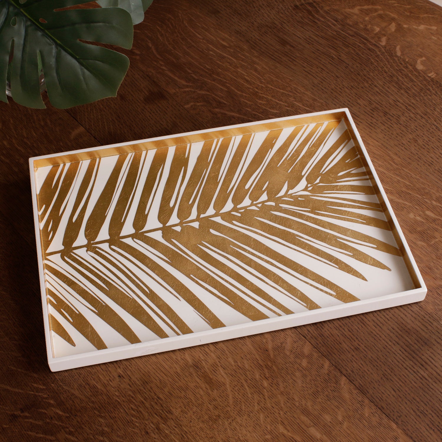 3239_65bfe3cf-8a85-4fae-8d27-2d4f2f7ce23f INDOCHINE Large Lacquered Palm Tray White and Gold - Image 1