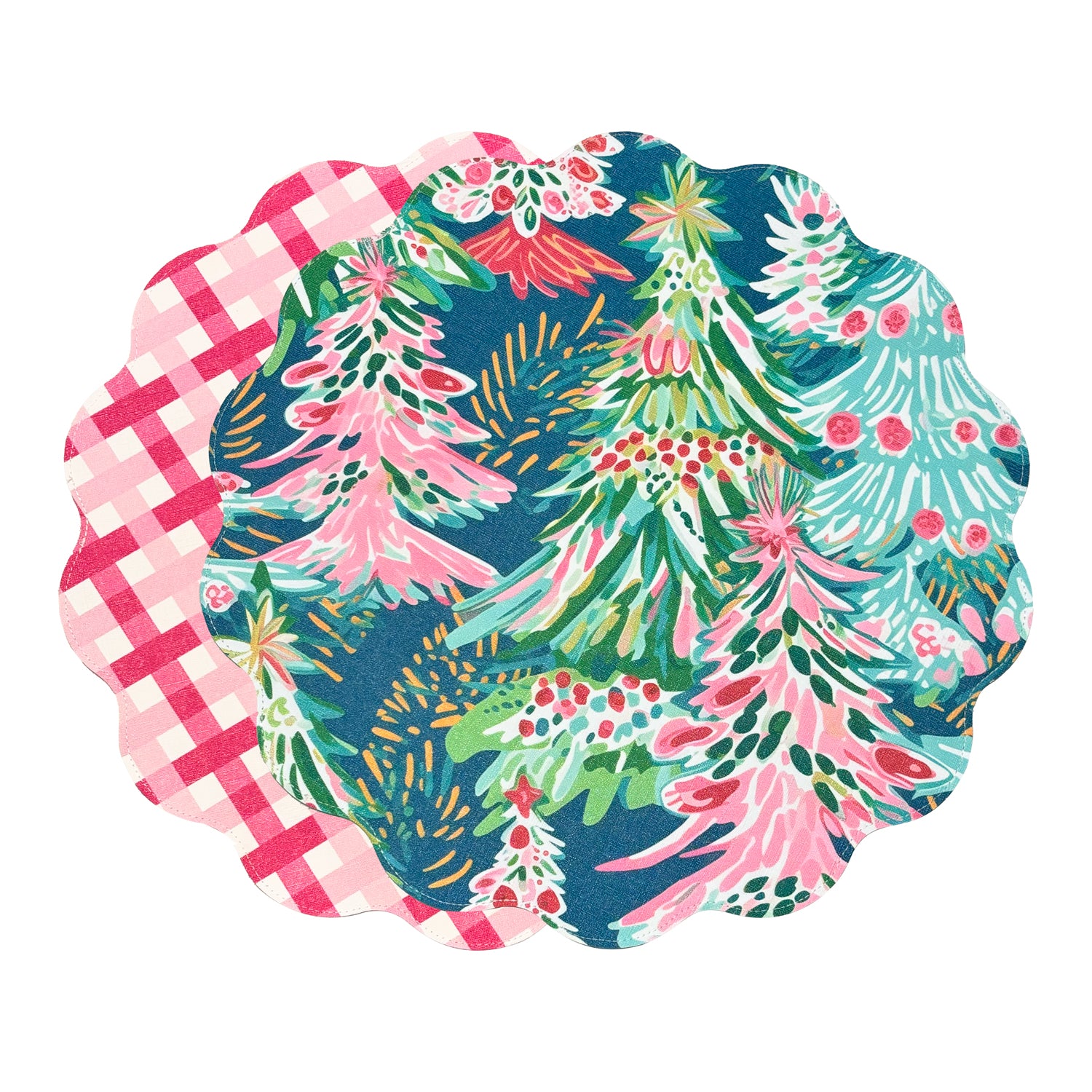 3250 VIDA Holiday Trees and Preppy Plaid Reversible Round Placemats Set of 4 Pink & Green - Image 1