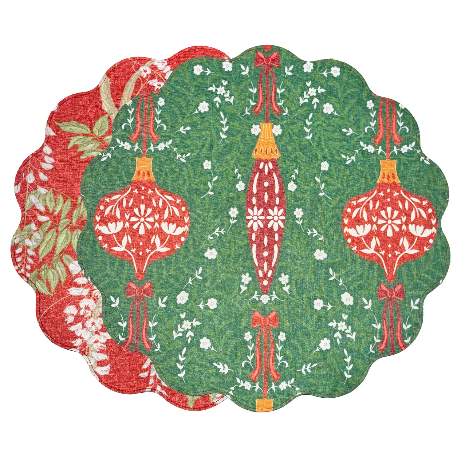 3252 VIDA Holiday Wisteria and Ornaments Reversible Round Placemats Set of 4 Red & Green - Image 1