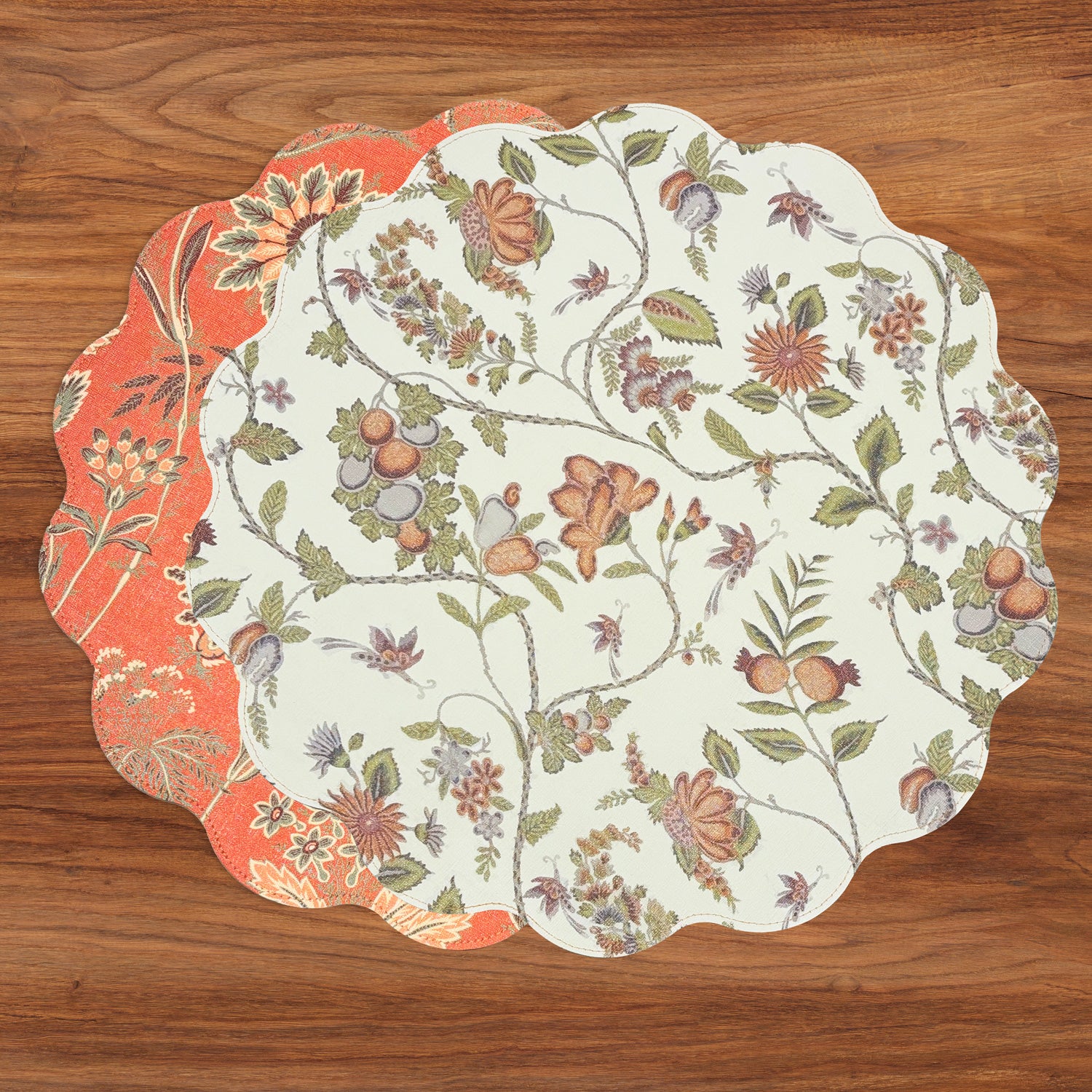 3253_5727815c-9816-445f-94b6-170b7e96847c VIDA Autumn and Branches Reversible Round Placemats Set of 4 Persimmon & Green - Image 1