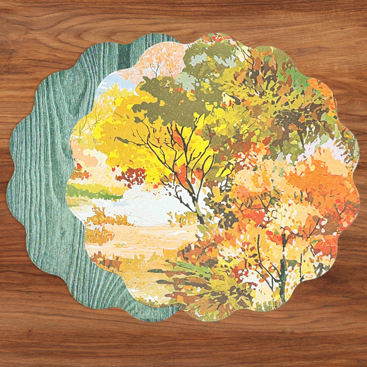 3254_eaa67694-26e4-4f1b-8565-a2dd0592a1d5 VIDA Fall Trees and Wood Grain Reversible Round Placemats Set of 4 Orange & Green - Image 1