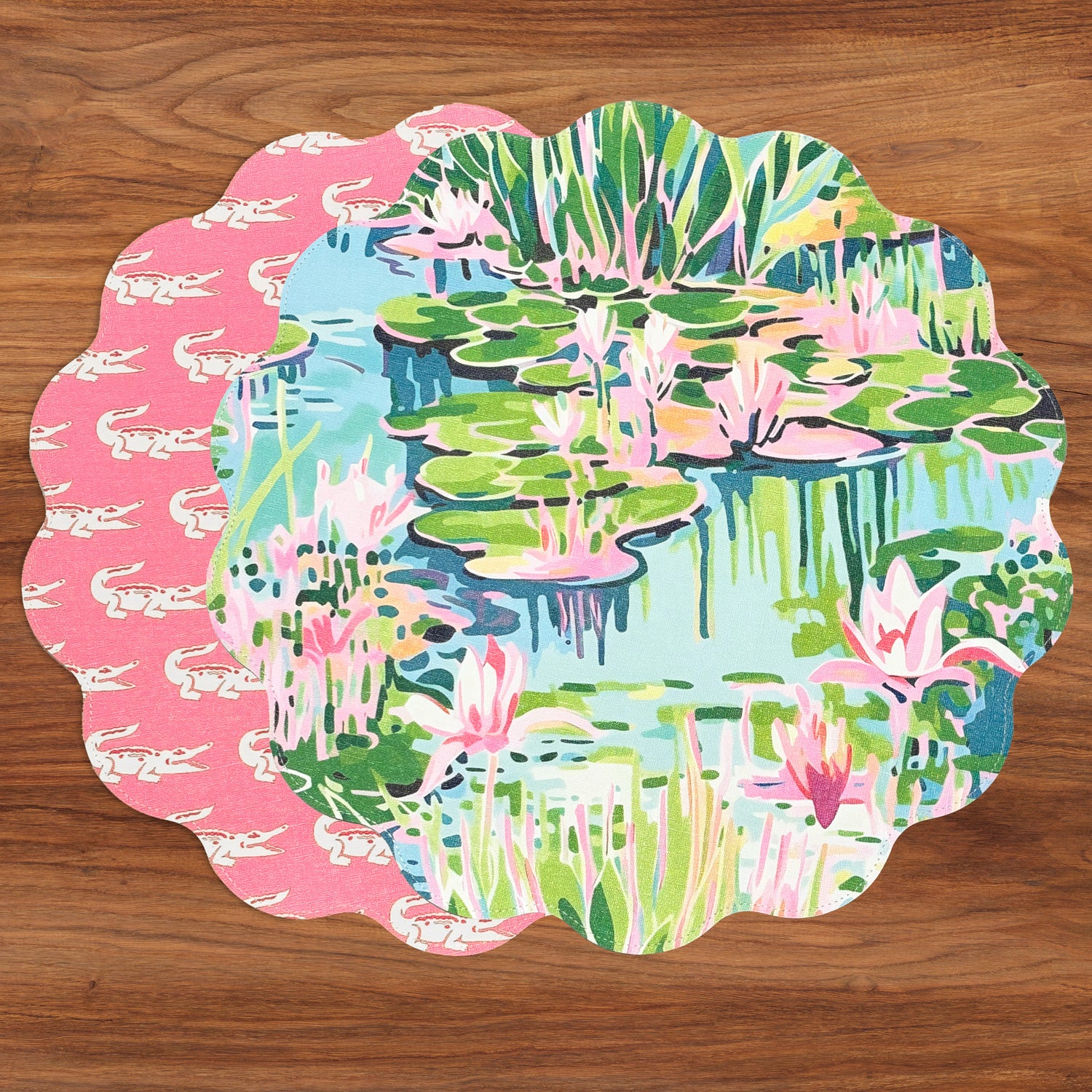 3255_6037e688-e84f-4d30-ae99-e35d10977fb0 VIDA Everglades and Crocs Reversible Round Placemats Set of 4 Pink & Green - Image 1