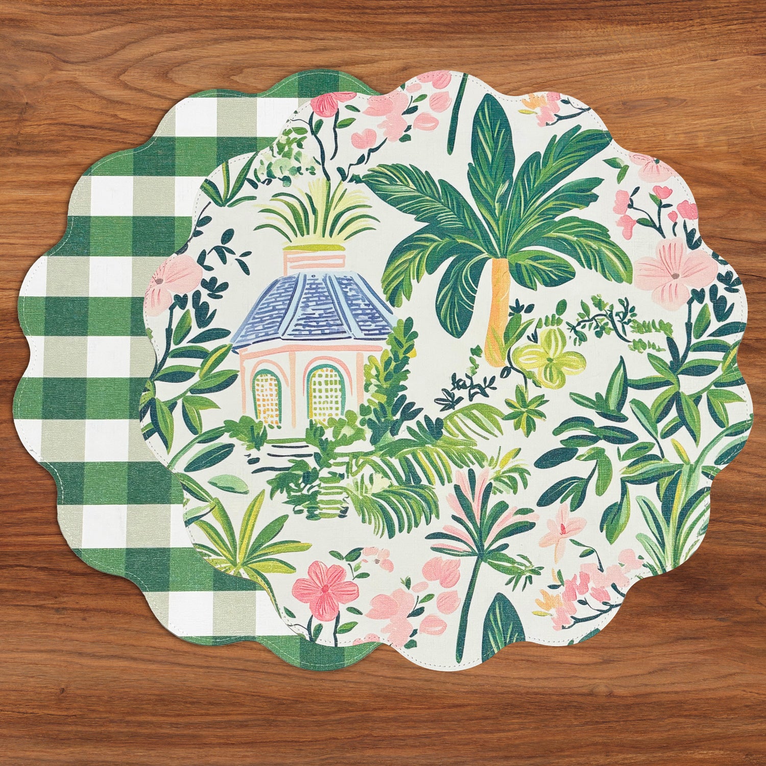 3256_6a4d490f-5ed0-4f6d-bd72-edb0f8e567e4 VIDA Cabana Reversible Round Placemats Set of 4 Pink & Green - Image 1