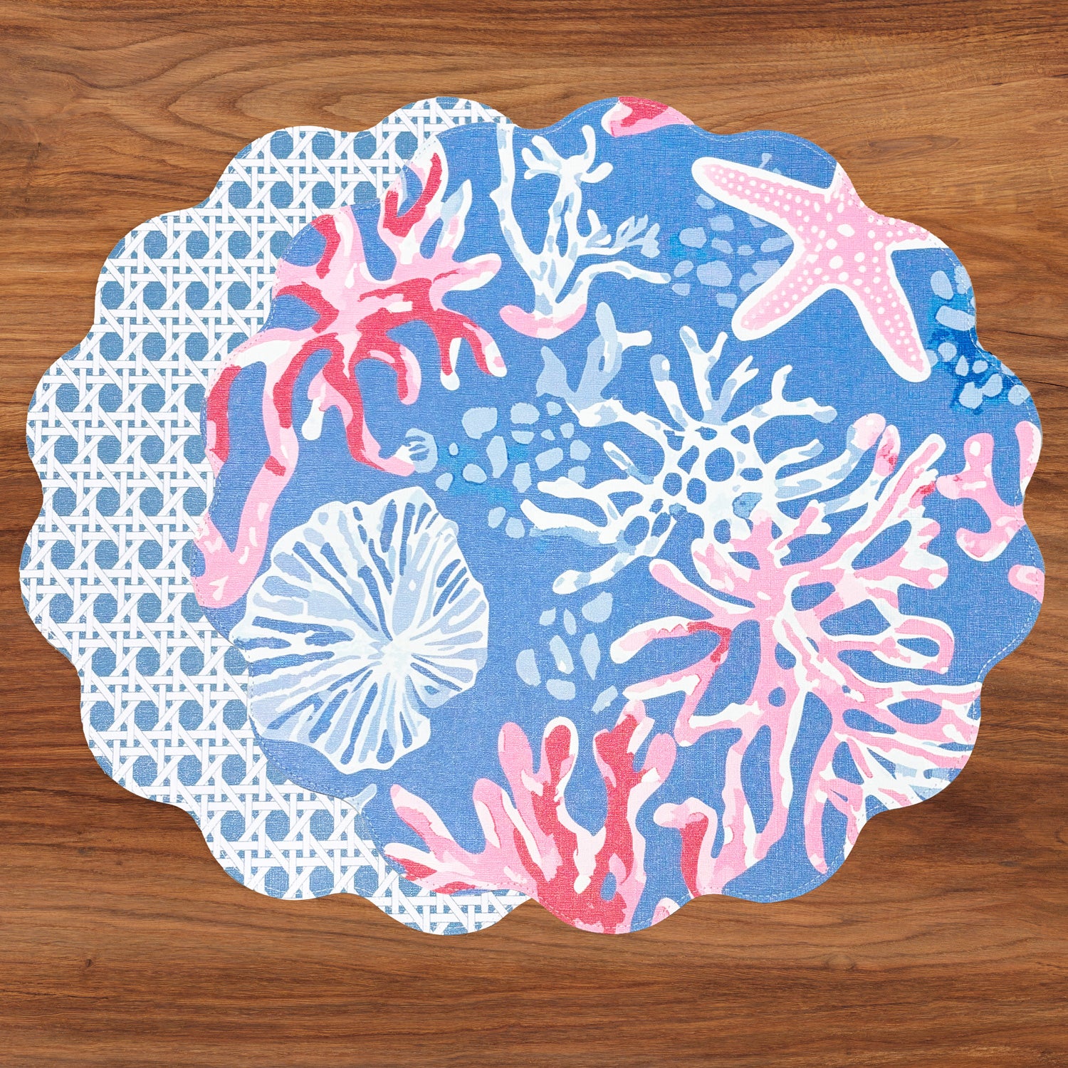 3257_98b951f4-9eb1-44d4-a39f-2fd346d0e59a VIDA Sealife and Rattan Reversible Round Placemats Set of 4 Blue & Pink - Image 1