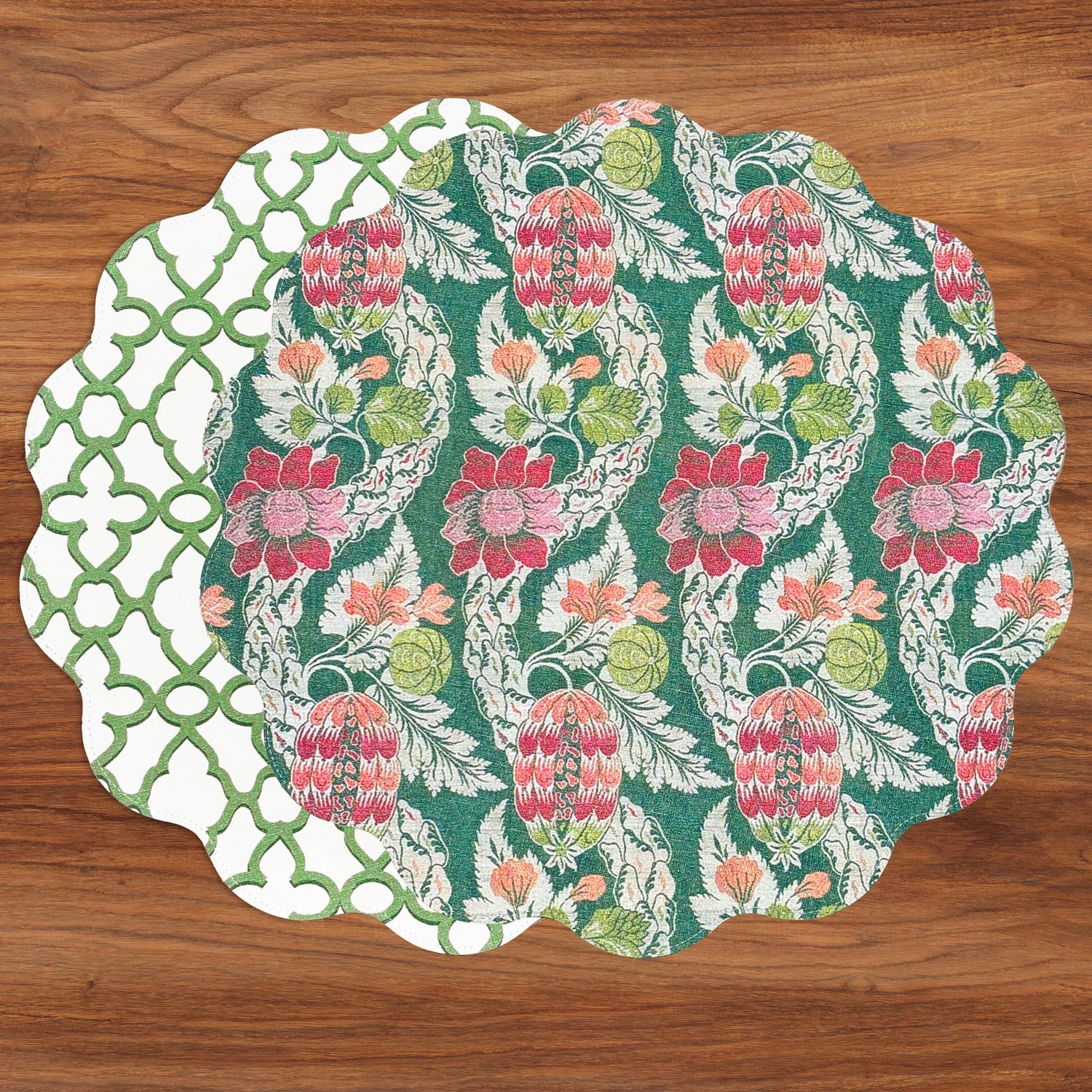 3258_9f731843-cd22-4194-8ff8-cd8a9cbc940d VIDA Laurent and Trellis Reversible Round Placemats Set of 4 Green & White - Image 1