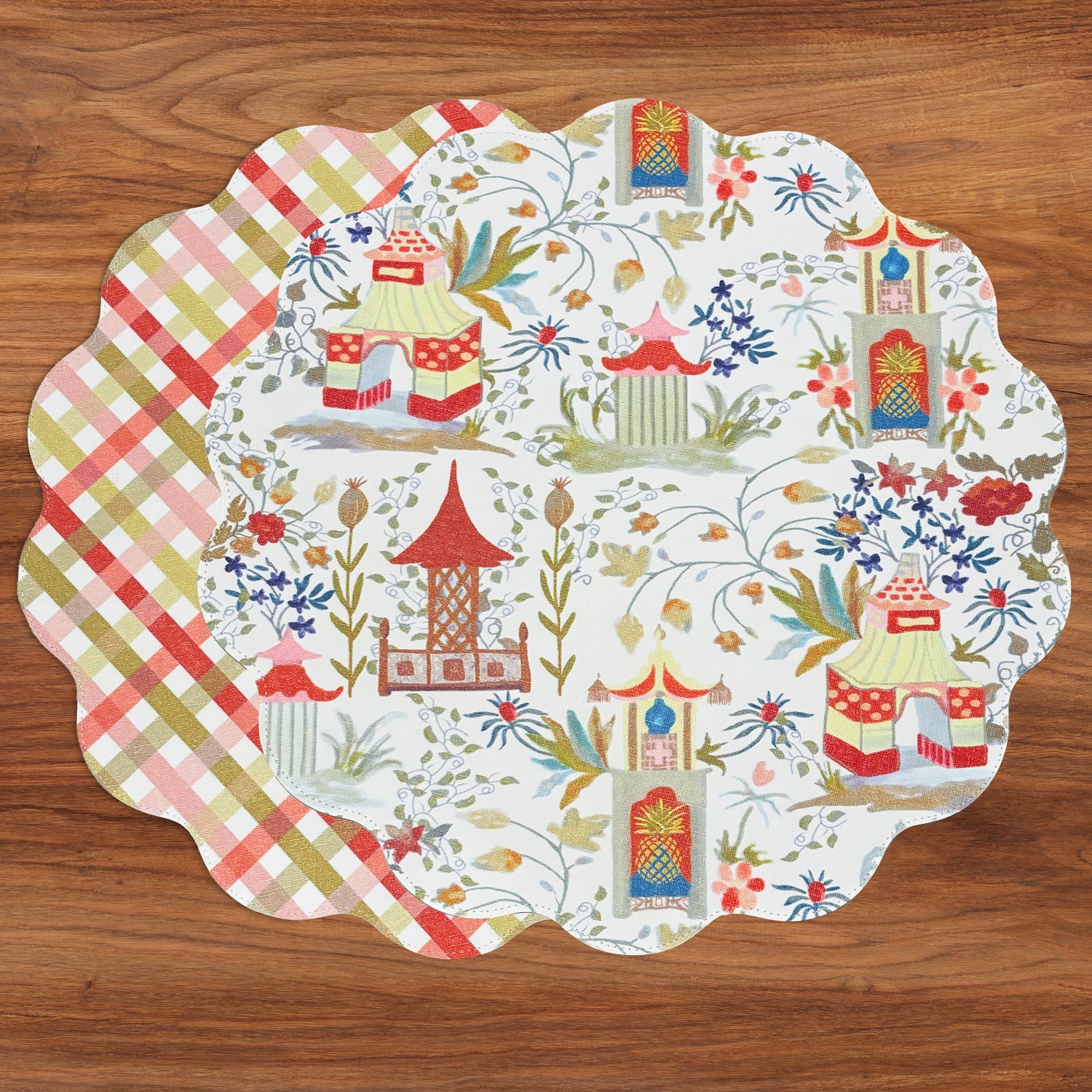 3260_6538b433-2597-448e-ba4a-a9f4c75ba6cc VIDA Pagoda and Carlie Plaid Reversible 15.5 Round Placemats Set of 4 Red & Orange - Image 1