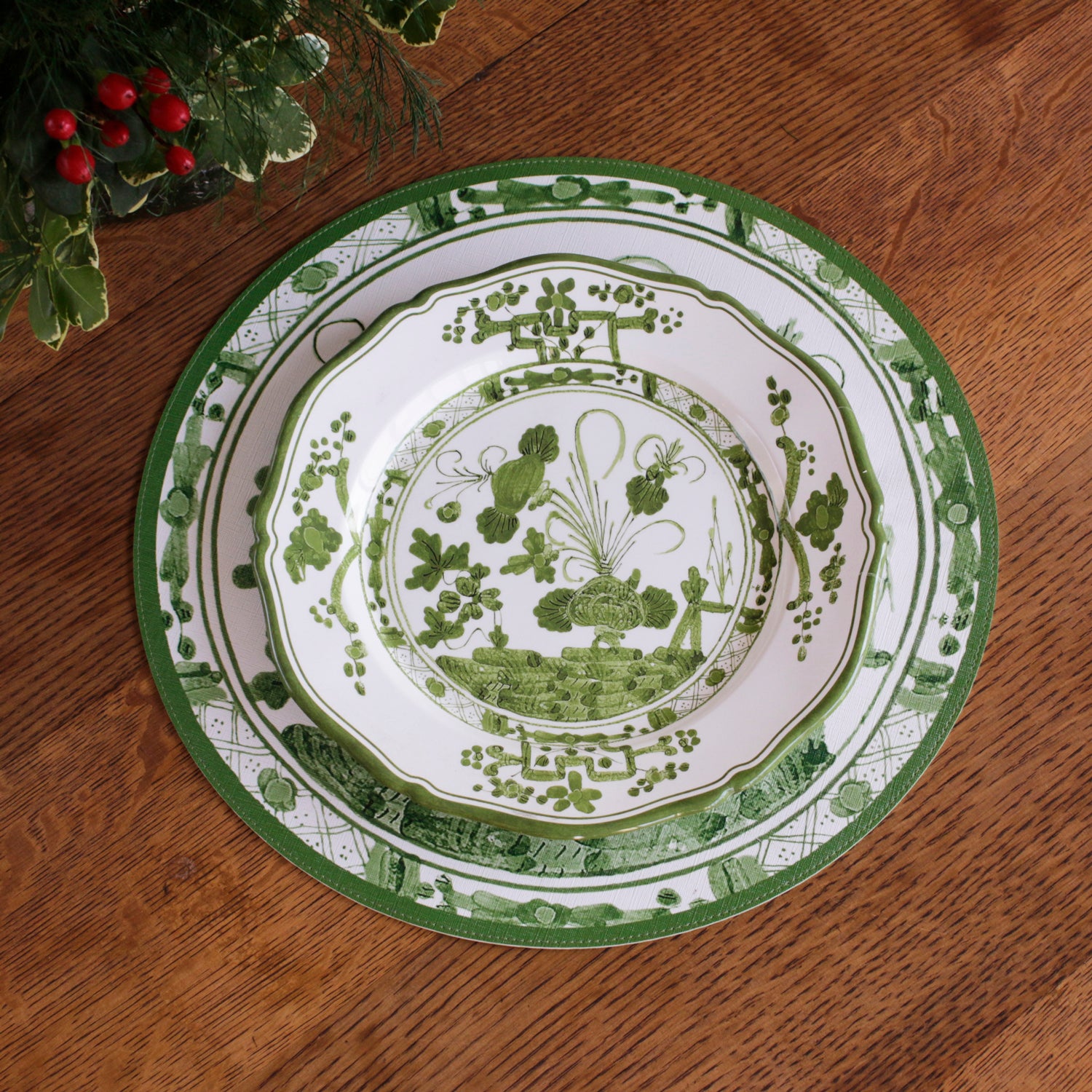 3285 VIDA Faenza 11" Dinner Plate Set of 4 White and Green - Image 1