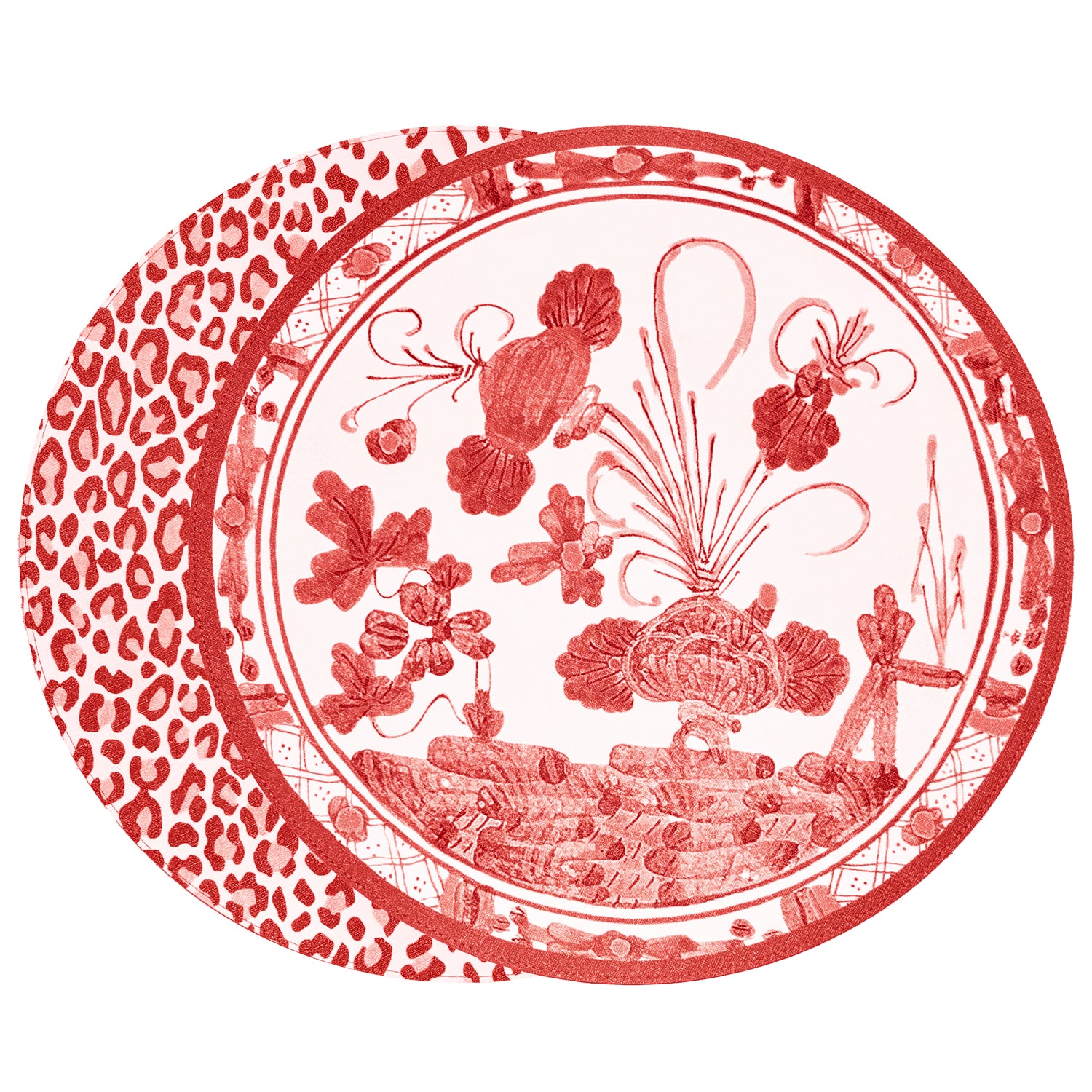 3287 VIDA Faenza and Leopard Reversible Round Placemats Set of 4 White & Red - Image 1
