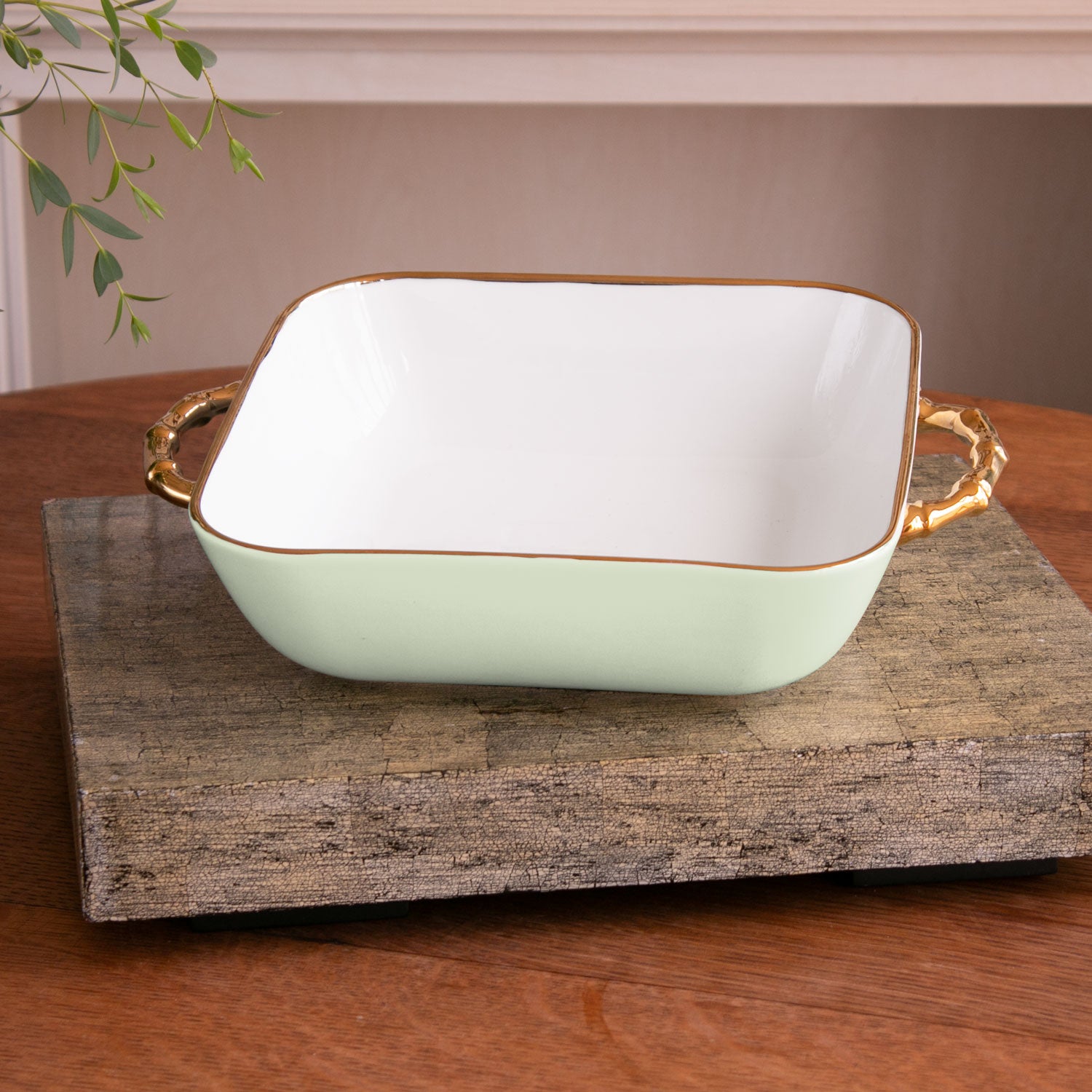 3298 FINAL SALE - CERAMIC Bambu Square Casserole Pistachio & White SECONDS - NON REFUNDABLE - Image 1