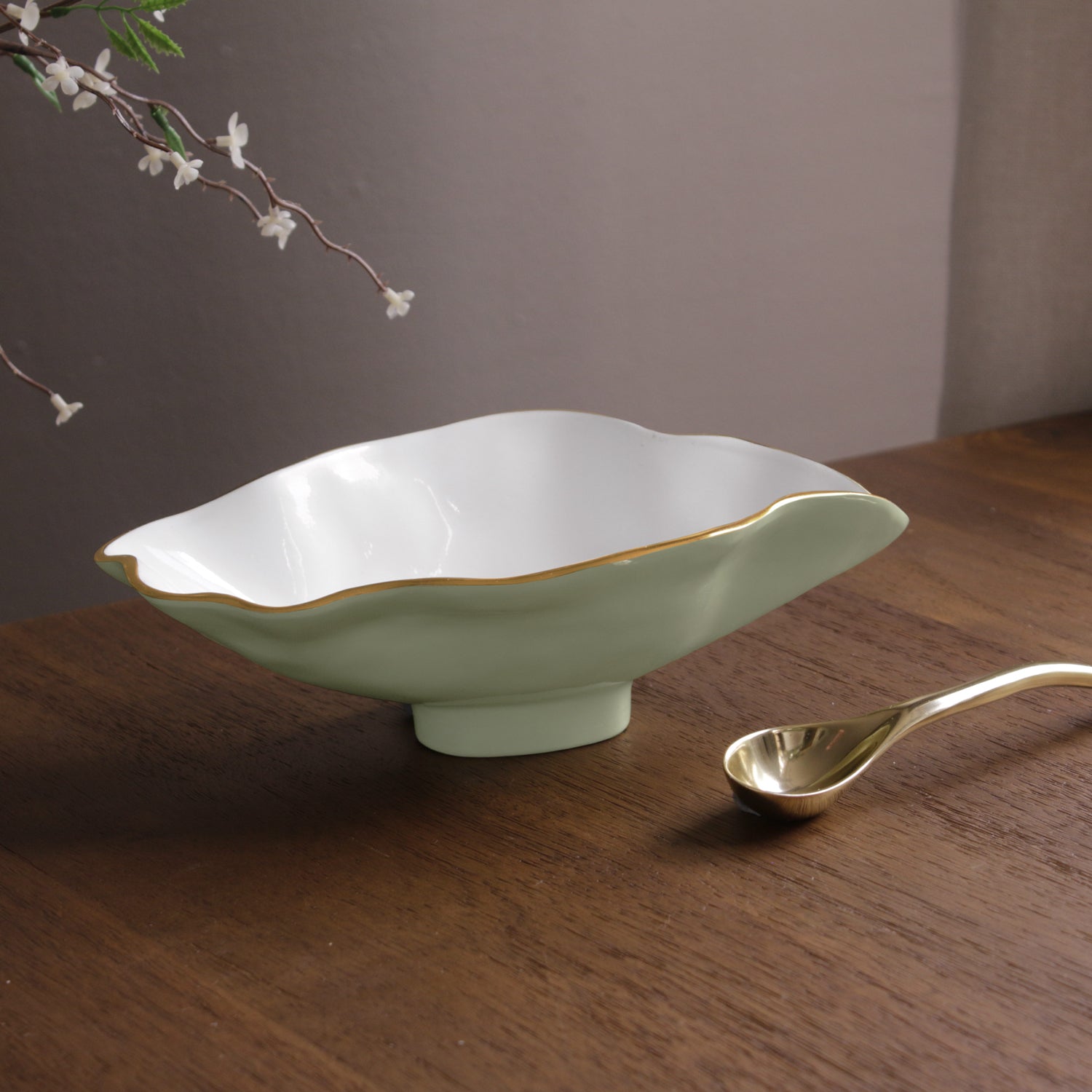 8695_2_e9c51016-9d7a-4f24-a3f5-e0f4dd5476c2 ENCANTO Claire Small Oval Bowl with Spoon (Pistachio, White and Gold) - Image 1